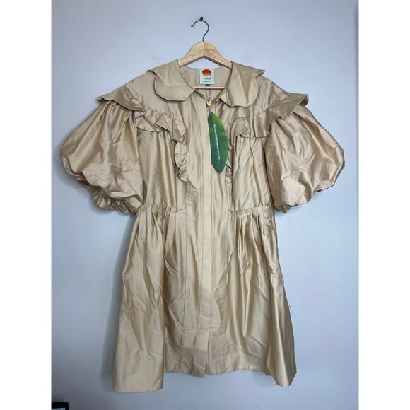 NWT Farm Rio Active Button Short Puffed Sleeve Pleated Mini Dress Beige Size: M - Picture 2 of 7